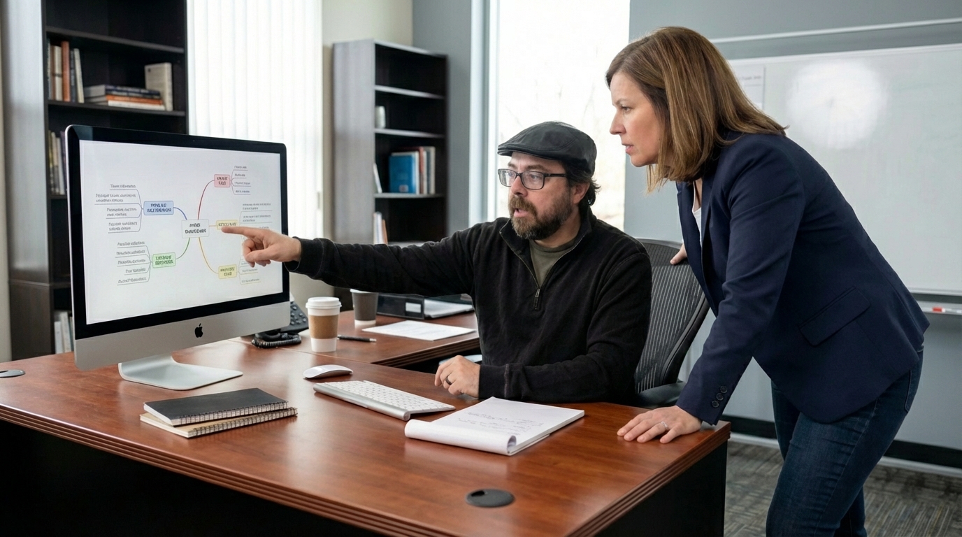 Looking at screen in office